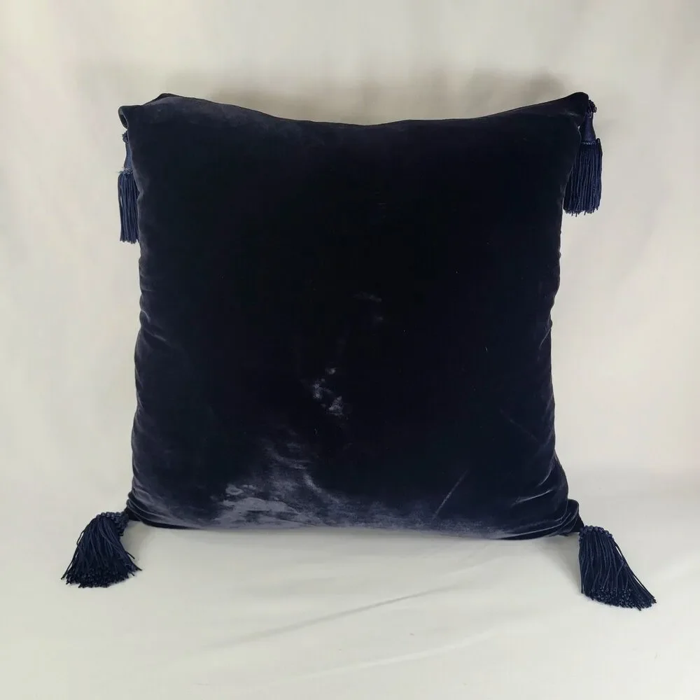 Velvet Navy Blue Gold Tassel Whimsigoth Throw Pillow Square 16